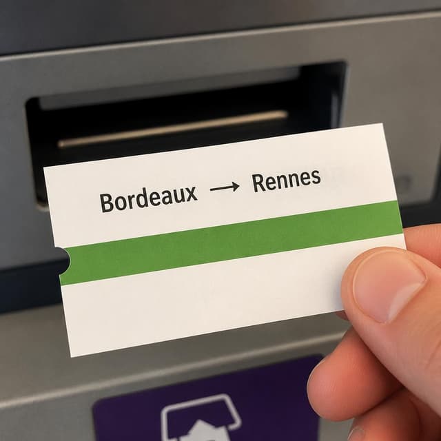 Charming ink and watercolor painting, clean lines, vibrant but soft color palette, storybook style. A close-up photo of a train ticket just printed, held between two fingers. The ticket is white with a green stripe. Visible text: "Bordeaux → Rennes" No other readable text
Chat attachment instruction: Generate exactly one in-world chat attachment, not a collage, split-screen, comic panel, flashback, or explanatory scene. If the prompt is a screenshot, phone screen, document, note, card, map, receipt, label, object photo, or photo someone took, frame that artifact directly. A name appearing in visible text or in 'photo taken by X' is not an instruction to draw that person. Do not show recurring story participants as visible people unless the prompt itself explicitly says they are visible. Keep unrequested people, faces, and bodies out of the image.