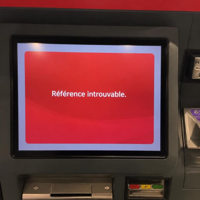 Charming ink and watercolor painting, clean lines, vibrant but soft color palette, storybook style. A close-up photo of a self-service train ticket machine screen at a French station. The screen shows a red error message. Visible text: "Référence introuvable." No other readable text
Chat attachment instruction: Generate exactly one in-world chat attachment, not a collage, split-screen, comic panel, flashback, or explanatory scene. If the prompt is a screenshot, phone screen, document, note, card, map, receipt, label, object photo, or photo someone took, frame that artifact directly. A name appearing in visible text or in 'photo taken by X' is not an instruction to draw that person. Do not show recurring story participants as visible people unless the prompt itself explicitly says they are visible. Keep unrequested people, faces, and bodies out of the image.