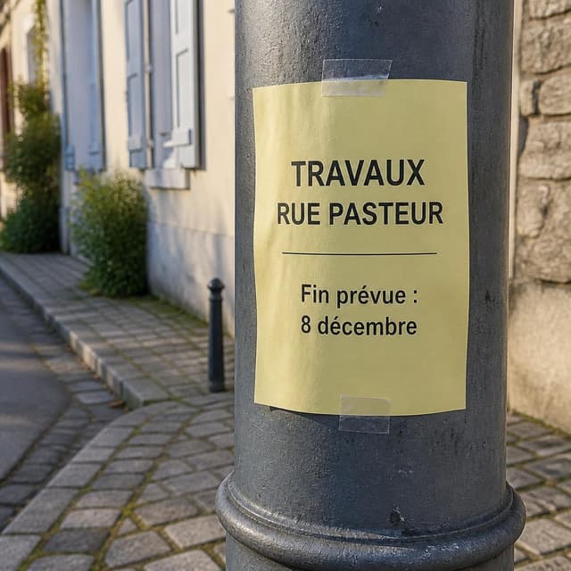 Charming ink and watercolor painting, clean lines, vibrant but soft color palette, storybook style. A close-up photo of an official municipal notice posted on a lamppost on a quiet French residential street. The notice is printed on pale yellow paper. Visible text: "TRAVAUX RUE PASTEUR — Fin prévue : 8 décembre". No other readable text. The lamppost is grey metal, a cobblestone pavement visible below, soft morning light
Chat attachment instruction: Generate exactly one in-world chat attachment, not a collage, split-screen, comic panel, flashback, or explanatory scene. If the prompt is a screenshot, phone screen, document, note, card, map, receipt, label, object photo, or photo someone took, frame that artifact directly. A name appearing in visible text or in 'photo taken by X' is not an instruction to draw that person. Do not show recurring story participants as visible people unless the prompt itself explicitly says they are visible. Keep unrequested people, faces, and bodies out of the image.