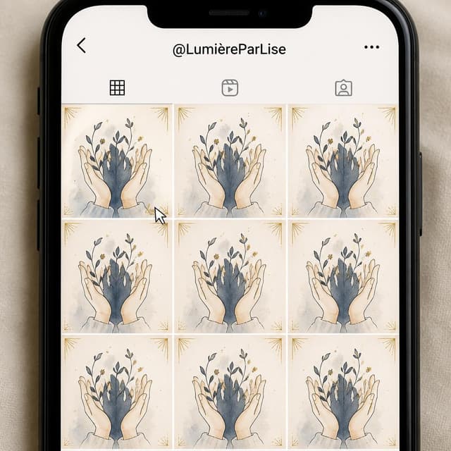 Charming ink and watercolor painting, clean lines, vibrant but soft color palette, storybook style. A smartphone screenshot of an Instagram grid belonging to a French influencer account called '@LumièreParLise', showing nine identical illustrations arranged in a 3x3 grid — delicate ink and watercolor drawings of hands holding shadows, soft gold highlights visible in each corner. A small cursor arrow points to the bottom-right corner of the first visible post, highlighting a tiny handwritten artist signature. Visible text: "@LumièreParLise" at the top of the screen. No other readable text
Chat attachment instruction: Generate exactly one in-world chat attachment, not a collage, split-screen, comic panel, flashback, or explanatory scene. If the prompt is a screenshot, phone screen, document, note, card, map, receipt, label, object photo, or photo someone took, frame that artifact directly. A name appearing in visible text or in 'photo taken by X' is not an instruction to draw that person. Do not show recurring story participants as visible people unless the prompt itself explicitly says they are visible. Keep unrequested people, faces, and bodies out of the image.