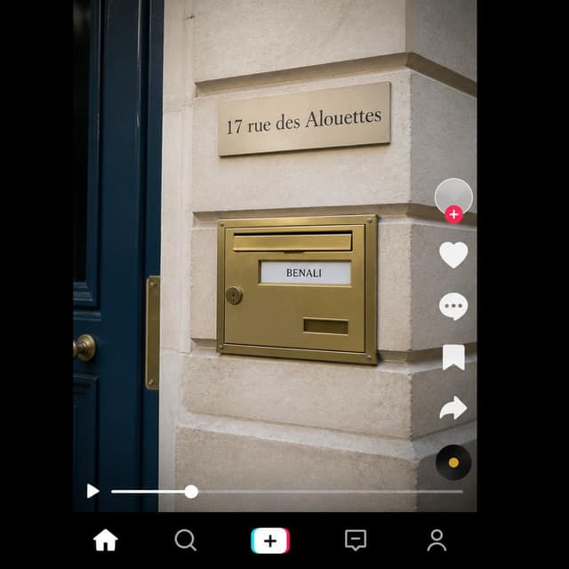 Charming ink and watercolor painting, clean lines, vibrant but soft color palette, storybook style. A close-up screenshot of a TikTok video paused on a frame showing a street-level view. In the background, a pale stone apartment building is visible with a small brass mailbox panel on the wall. Visible text: "17 rue des Alouettes" and "BENALI" on the mailbox label. No other readable text
Chat attachment instruction: Generate exactly one in-world chat attachment, not a collage, split-screen, comic panel, flashback, or explanatory scene. If the prompt is a screenshot, phone screen, document, note, card, map, receipt, label, object photo, or photo someone took, frame that artifact directly. A name appearing in visible text or in 'photo taken by X' is not an instruction to draw that person. Do not show recurring story participants as visible people unless the prompt itself explicitly says they are visible. Keep unrequested people, faces, and bodies out of the image.