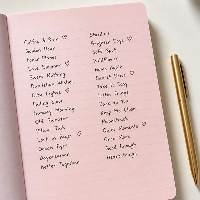 Charming ink and watercolor painting, clean lines, vibrant but soft color palette, storybook style. A photo of a handwritten list on a light pink notebook page, lying on a white table. The list has two columns of song titles written in neat handwriting with small heart doodles beside some entries. The notebook has a gold pen resting beside it. No other readable text
Chat attachment instruction: Generate exactly one in-world chat attachment, not a collage, split-screen, comic panel, flashback, or explanatory scene. If the prompt is a screenshot, phone screen, document, note, card, map, receipt, label, object photo, or photo someone took, frame that artifact directly. A name appearing in visible text or in 'photo taken by X' is not an instruction to draw that person. Do not show recurring story participants as visible people unless the prompt itself explicitly says they are visible. Keep unrequested people, faces, and bodies out of the image.