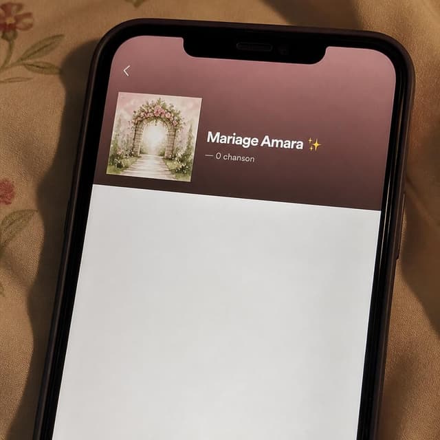 Charming ink and watercolor painting, clean lines, vibrant but soft color palette, storybook style. A close-up photo of a phone screen showing a Spotify playlist page. The playlist is empty — no songs, no tracks listed, just a blank white area under the playlist title. Visible text: "Mariage Amara ✨ — 0 chanson". No other readable text
Chat attachment instruction: Generate exactly one in-world chat attachment, not a collage, split-screen, comic panel, flashback, or explanatory scene. If the prompt is a screenshot, phone screen, document, note, card, map, receipt, label, object photo, or photo someone took, frame that artifact directly. A name appearing in visible text or in 'photo taken by X' is not an instruction to draw that person. Do not show recurring story participants as visible people unless the prompt itself explicitly says they are visible. Keep unrequested people, faces, and bodies out of the image.