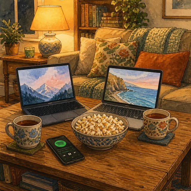 Charming ink and watercolor painting, clean lines, vibrant but soft color palette, storybook style. A photo of a cozy living room coffee table with two laptops open side by side, a phone with a Spotify screen visible, a bowl of popcorn, and two mugs of tea. Warm lamplight. No other readable text
Chat attachment instruction: Generate exactly one in-world chat attachment, not a collage, split-screen, comic panel, flashback, or explanatory scene. If the prompt is a screenshot, phone screen, document, note, card, map, receipt, label, object photo, or photo someone took, frame that artifact directly. A name appearing in visible text or in 'photo taken by X' is not an instruction to draw that person. Do not show recurring story participants as visible people unless the prompt itself explicitly says they are visible. Keep unrequested people, faces, and bodies out of the image.