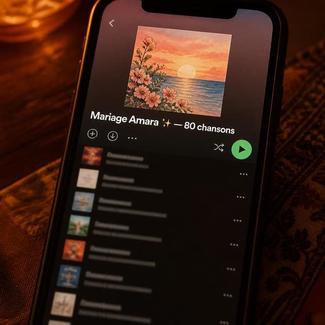 Charming ink and watercolor painting, clean lines, vibrant but soft color palette, storybook style. A close-up photo of a phone screen showing a Spotify playlist that is now full, with a long list of song entries visible. The screen glows warmly. Visible text: "Mariage Amara ✨ — 80 chansons". No other readable text
Chat attachment instruction: Generate exactly one in-world chat attachment, not a collage, split-screen, comic panel, flashback, or explanatory scene. If the prompt is a screenshot, phone screen, document, note, card, map, receipt, label, object photo, or photo someone took, frame that artifact directly. A name appearing in visible text or in 'photo taken by X' is not an instruction to draw that person. Do not show recurring story participants as visible people unless the prompt itself explicitly says they are visible. Keep unrequested people, faces, and bodies out of the image.