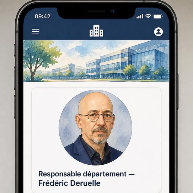 Charming ink and watercolor painting, clean lines, vibrant but soft color palette, storybook style. A phone screen screenshot of a company intranet employee profile page. The profile shows a bald middle-aged man with round wire-framed glasses and a thin grey goatee, wearing a dark navy blazer, with a neutral, vaguely stern expression. Visible text: "Responsable département — Frédéric Deruelle". No other readable text
Chat attachment instruction: Generate exactly one in-world chat attachment, not a collage, split-screen, comic panel, flashback, or explanatory scene. If the prompt is a screenshot, phone screen, document, note, card, map, receipt, label, object photo, or photo someone took, frame that artifact directly. A name appearing in visible text or in 'photo taken by X' is not an instruction to draw that person. Do not show recurring story participants as visible people unless the prompt itself explicitly says they are visible. Keep unrequested people, faces, and bodies out of the image.