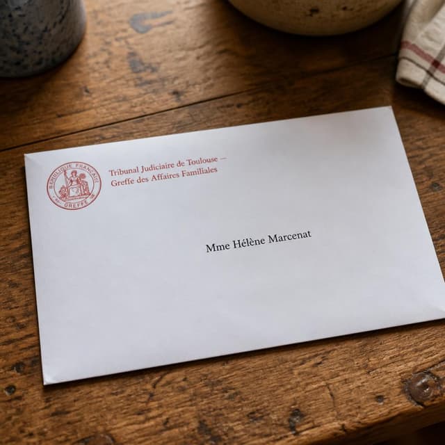 Charming ink and watercolor painting, clean lines, vibrant but soft color palette, storybook style. A close-up photo of a white official envelope lying on a worn wooden kitchen table. The envelope has a red official stamp in the upper left corner. Visible text: 'Tribunal Judiciaire de Toulouse — Greffe des Affaires Familiales' on the sender line, and 'Mme Hélène Marcenat' as the addressee. No other readable text
Character consistency instruction: preserve these exact recurring appearance details: Hélène Marcenat: gender: Female; age: 52; skin tone: Fair with freckles; hair color: Silver; hair style: Short practical close crop; eye color: Grey; clothing: A dark charcoal turtleneck sweater.; other features: A long pale scar visible on her right forearm.
Chat attachment instruction: Generate exactly one in-world chat attachment, not a collage, split-screen, comic panel, flashback, or explanatory scene. If the prompt is a screenshot, phone screen, document, note, card, map, receipt, label, object photo, or photo someone took, frame that artifact directly. A name appearing in visible text or in 'photo taken by X' is not an instruction to draw that person. Do not show recurring story participants as visible people unless the prompt itself explicitly says they are visible. Keep unrequested people, faces, and bodies out of the image. Do not add readable text unless the prompt explicitly asks for visible text.