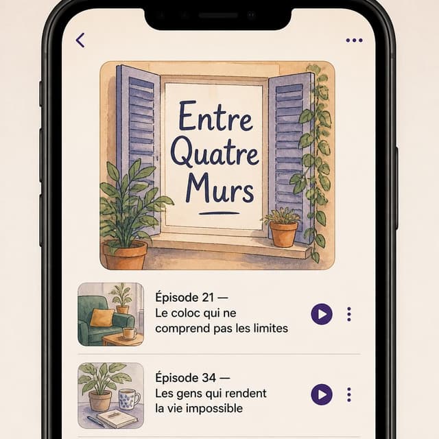 Charming ink and watercolor painting, clean lines, vibrant but soft color palette, storybook style. A smartphone screen screenshot of a podcast app showing a list of episode titles for a French podcast called 'Entre Quatre Murs'. Visible text: "Épisode 21 — Le coloc qui ne comprend pas les limites" and "Épisode 34 — Les gens qui rendent la vie impossible". No other readable text
Chat attachment instruction: Generate exactly one in-world chat attachment, not a collage, split-screen, comic panel, flashback, or explanatory scene. If the prompt is a screenshot, phone screen, document, note, card, map, receipt, label, object photo, or photo someone took, frame that artifact directly. A name appearing in visible text or in 'photo taken by X' is not an instruction to draw that person. Do not show recurring story participants as visible people unless the prompt itself explicitly says they are visible. Keep unrequested people, faces, and bodies out of the image.