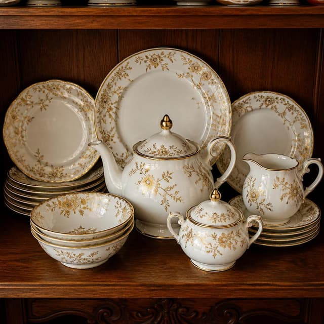 Charming ink and watercolor painting, clean lines, vibrant but soft color palette, storybook style. A photo of an elegant white and gold china dinner set arranged neatly on a wooden shelf — plates, bowls, and a teapot, all matching, with a delicate floral gold border. The china looks antique and precious. No other readable text
Chat attachment instruction: Generate exactly one in-world chat attachment, not a collage, split-screen, comic panel, flashback, or explanatory scene. If the prompt is a screenshot, phone screen, document, note, card, map, receipt, label, object photo, or photo someone took, frame that artifact directly. A name appearing in visible text or in 'photo taken by X' is not an instruction to draw that person. Do not show recurring story participants as visible people unless the prompt itself explicitly says they are visible. Keep unrequested people, faces, and bodies out of the image.