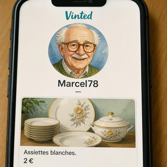 Charming ink and watercolor painting, clean lines, vibrant but soft color palette, storybook style. A close-up phone screenshot of a Vinted seller profile belonging to a cheerful elderly man named Marcel78. His profile photo shows a smiling old man with white hair and large glasses. A listing thumbnail shows a white and gold floral china dinner set. Visible text: "Marcel78 — Assiettes blanches. 2 €." No other readable text
Chat attachment instruction: Generate exactly one in-world chat attachment, not a collage, split-screen, comic panel, flashback, or explanatory scene. If the prompt is a screenshot, phone screen, document, note, card, map, receipt, label, object photo, or photo someone took, frame that artifact directly. A name appearing in visible text or in 'photo taken by X' is not an instruction to draw that person. Do not show recurring story participants as visible people unless the prompt itself explicitly says they are visible. Keep unrequested people, faces, and bodies out of the image.