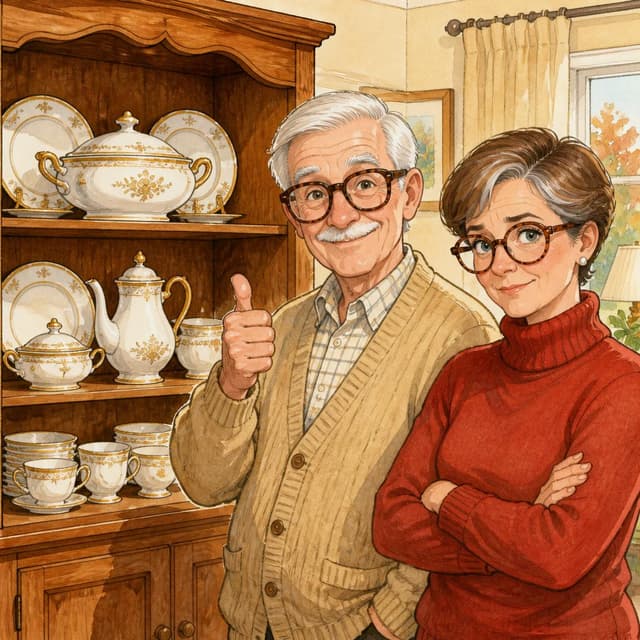 Charming ink and watercolor painting, clean lines, vibrant but soft color palette, storybook style. A cosy living room scene showing the precious white and gold china dinner set safely back on a wooden shelf, with a cheerful elderly man with white hair and large glasses standing proudly next to it, giving a thumbs up. A woman with short silver-streaked chestnut hair and round glasses stands beside him with arms crossed but a small reluctant smile. No other readable text
Character consistency instruction: preserve these exact recurring appearance details: Tatie Régine: gender: Female; age: 51; skin tone: Fair; hair color: Chestnut with silver streaks; hair style: Short no-nonsense cut; eye color: Sharp blue; clothing: A brick-red turtleneck.; other features: Round tortoiseshell glasses and a determined jawline. Grand-père Marcel: gender: Male; age: 78; skin tone: Rosy pale; hair color: White; hair style: Wispy hair combed neatly to one side; eye color: Pale grey; clothing: A cosy beige cardigan over a checked shirt.; other features: Neat white moustache and large thick-framed glasses.
Chat attachment instruction: Generate exactly one in-world chat attachment, not a collage, split-screen, comic panel, flashback, or explanatory scene. If the prompt is a screenshot, phone screen, document, note, card, map, receipt, label, object photo, or photo someone took, frame that artifact directly. A name appearing in visible text or in 'photo taken by X' is not an instruction to draw that person. Recurring story participants explicitly allowed as visible people: Grand-père Marcel, Tatie Régine. Do not add any other recurring participant as a visible person. Keep unrequested people, faces, and bodies out of the image. Do not add readable text unless the prompt explicitly asks for visible text.