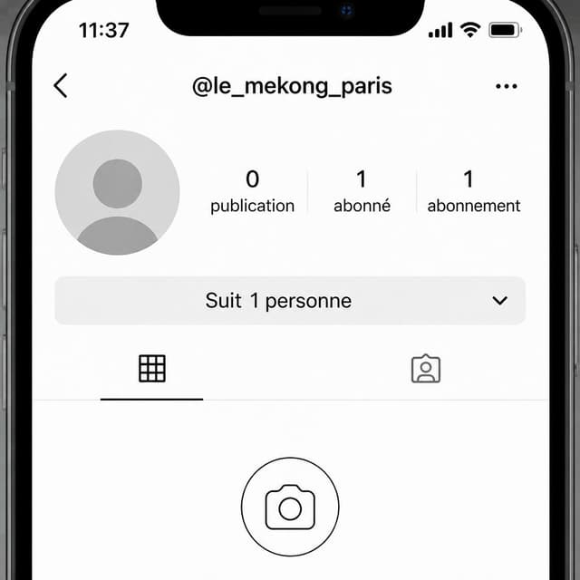 Charming ink and watercolor painting, clean lines, vibrant but soft color palette, storybook style. A close-up screenshot of an Instagram profile page on a phone screen, showing a male profile with a generic avatar silhouette, a minimal bio, zero posts, and follower/following numbers that reveal he follows very few people but one new account was just followed. Visible text: "@le_mekong_paris · 0 publication · Suit 1 personne". No other readable text
Chat attachment instruction: Generate exactly one in-world chat attachment, not a collage, split-screen, comic panel, flashback, or explanatory scene. If the prompt is a screenshot, phone screen, document, note, card, map, receipt, label, object photo, or photo someone took, frame that artifact directly. A name appearing in visible text or in 'photo taken by X' is not an instruction to draw that person. Do not show recurring story participants as visible people unless the prompt itself explicitly says they are visible. Keep unrequested people, faces, and bodies out of the image.