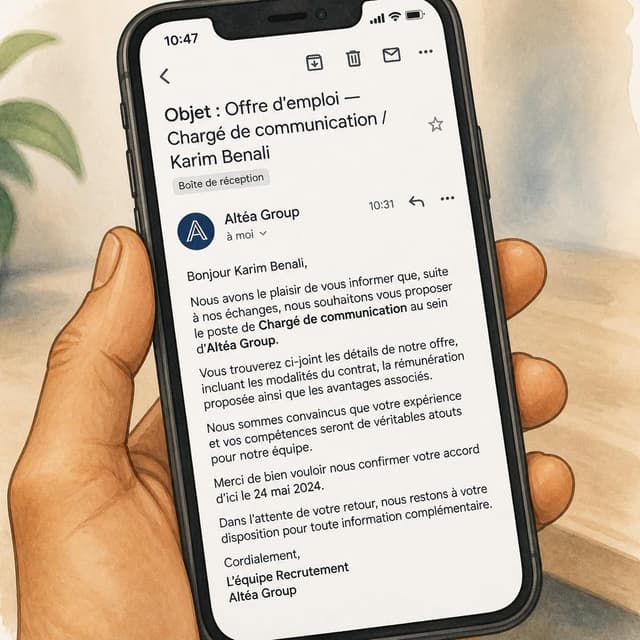 Charming ink and watercolor painting, clean lines, vibrant but soft color palette, storybook style. A close-up smartphone screenshot of a formal email from 'Altéa Group', showing a job offer. Visible text: "Objet : Offre d'emploi — Chargé de communication / Karim Benali". The phone is held in a hand with tawny skin
Chat attachment instruction: Generate exactly one in-world chat attachment, not a collage, split-screen, comic panel, flashback, or explanatory scene. If the prompt is a screenshot, phone screen, document, note, card, map, receipt, label, object photo, or photo someone took, frame that artifact directly. A name appearing in visible text or in 'photo taken by X' is not an instruction to draw that person. Do not show recurring story participants as visible people unless the prompt itself explicitly says they are visible. Keep unrequested people, faces, and bodies out of the image.