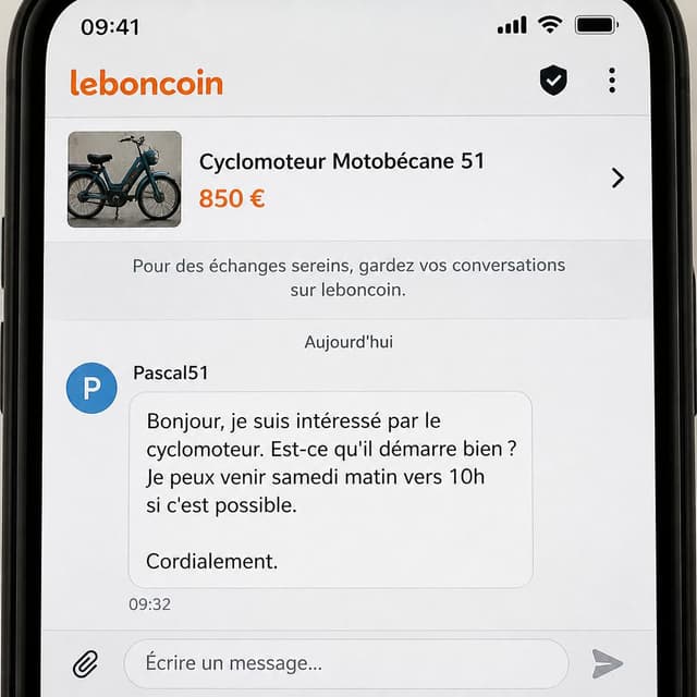 Charming ink and watercolor painting, clean lines, vibrant but soft color palette, storybook style. A close-up smartphone screenshot of a LeBonCoin private message thread. The screen shows a message from user 'Pascal51'. Visible text: "Bonjour, je suis intéressé par le cyclomoteur. Est-ce qu'il démarre bien ? Je peux venir samedi matin vers 10h si c'est possible. Cordialement."
Chat attachment instruction: Generate exactly one in-world chat attachment, not a collage, split-screen, comic panel, flashback, or explanatory scene. If the prompt is a screenshot, phone screen, document, note, card, map, receipt, label, object photo, or photo someone took, frame that artifact directly. A name appearing in visible text or in 'photo taken by X' is not an instruction to draw that person. Do not show recurring story participants as visible people unless the prompt itself explicitly says they are visible. Keep unrequested people, faces, and bodies out of the image.