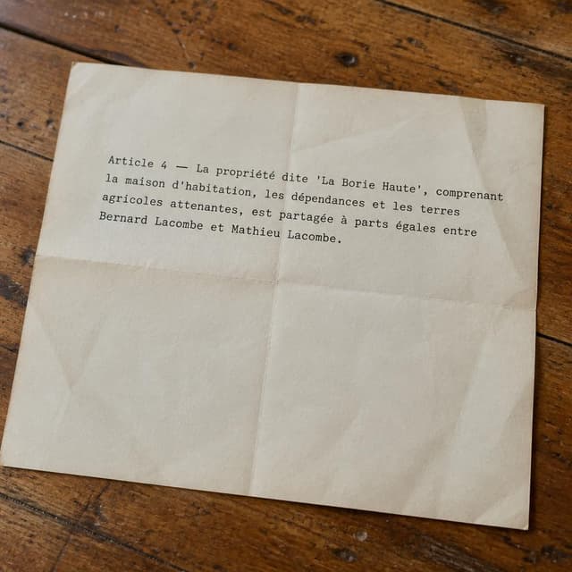 Charming ink and watercolor painting, clean lines, vibrant but soft color palette, storybook style. A close-up photo taken by hand of a single page of a typed French legal document on cream-coloured paper, lying on a worn wooden kitchen table. The paper is slightly creased from being folded inside an envelope. Visible text: "Article 4 — La propriété dite 'La Borie Haute', comprenant la maison d'habitation, les dépendances et les terres agricoles attenantes, est partagée à parts égales entre Bernard Lacombe et Mathieu Lacombe." No other readable text
Chat attachment instruction: Generate exactly one in-world chat attachment, not a collage, split-screen, comic panel, flashback, or explanatory scene. If the prompt is a screenshot, phone screen, document, note, card, map, receipt, label, object photo, or photo someone took, frame that artifact directly. A name appearing in visible text or in 'photo taken by X' is not an instruction to draw that person. Do not show recurring story participants as visible people unless the prompt itself explicitly says they are visible. Keep unrequested people, faces, and bodies out of the image.