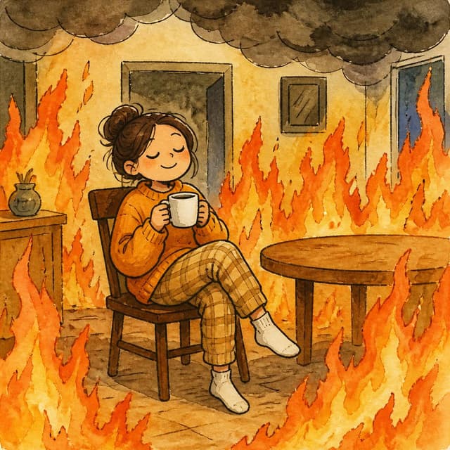 Charming ink and watercolor painting, clean lines, vibrant but soft color palette, storybook style. A screenshot of a meme: a cartoon woman sitting calmly on a house fire, completely relaxed, holding a coffee cup. No readable text
Chat attachment instruction: Generate exactly one in-world chat attachment, not a collage, split-screen, comic panel, flashback, or explanatory scene. If the prompt is a screenshot, phone screen, document, note, card, map, receipt, label, object photo, or photo someone took, frame that artifact directly. A name appearing in visible text or in 'photo taken by X' is not an instruction to draw that person. Do not show recurring story participants as visible people unless the prompt itself explicitly says they are visible. Keep unrequested people, faces, and bodies out of the image.