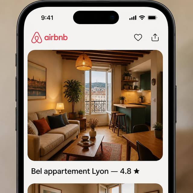 Charming ink and watercolor painting, clean lines, vibrant but soft color palette, storybook style. A screenshot of a smartphone Airbnb listing page showing a cozy Lyon apartment with warm lighting. Visible text: "Bel appartement Lyon — 4.8 ★". No other readable text
Chat attachment instruction: Generate exactly one in-world chat attachment, not a collage, split-screen, comic panel, flashback, or explanatory scene. If the prompt is a screenshot, phone screen, document, note, card, map, receipt, label, object photo, or photo someone took, frame that artifact directly. A name appearing in visible text or in 'photo taken by X' is not an instruction to draw that person. Do not show recurring story participants as visible people unless the prompt itself explicitly says they are visible. Keep unrequested people, faces, and bodies out of the image.