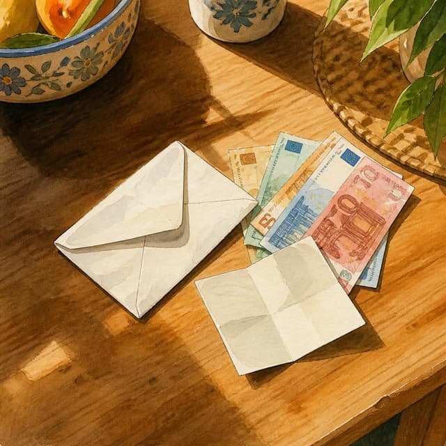 Charming ink and watercolor painting, clean lines, vibrant but soft color palette, storybook style. A close-up photo of a kitchen table taken from above. On the table: a small white envelope, slightly crumpled, with a folded note next to it and several euro banknotes fanned out. Warm afternoon light. No readable text
Chat attachment instruction: Generate exactly one in-world chat attachment, not a collage, split-screen, comic panel, flashback, or explanatory scene. If the prompt is a screenshot, phone screen, document, note, card, map, receipt, label, object photo, or photo someone took, frame that artifact directly. A name appearing in visible text or in 'photo taken by X' is not an instruction to draw that person. Do not show recurring story participants as visible people unless the prompt itself explicitly says they are visible. Keep unrequested people, faces, and bodies out of the image.