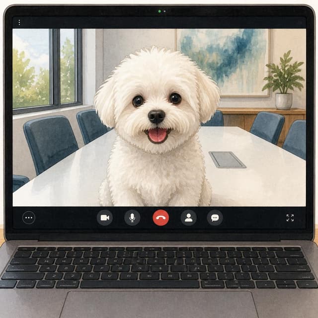 Charming ink and watercolor painting, clean lines, vibrant but soft color palette, storybook style. A screenshot of a laptop screen showing a video call interface. In the main video window, a small fluffy white dog sits centered in front of a webcam, looking directly at the camera with bright curious eyes, tongue slightly out. The conference room background is visible behind the dog — a white table, chairs, a window. No other readable text
Chat attachment instruction: Generate exactly one in-world chat attachment, not a collage, split-screen, comic panel, flashback, or explanatory scene. If the prompt is a screenshot, phone screen, document, note, card, map, receipt, label, object photo, or photo someone took, frame that artifact directly. A name appearing in visible text or in 'photo taken by X' is not an instruction to draw that person. Do not show recurring story participants as visible people unless the prompt itself explicitly says they are visible. Keep unrequested people, faces, and bodies out of the image.