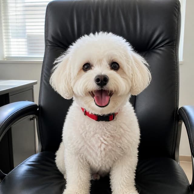 Charming ink and watercolor painting, clean lines, vibrant but soft color palette, storybook style. A close-up photo taken on a phone of a small fluffy white dog sitting proudly in a large black office chair, looking straight at the camera with a happy open-mouthed expression and tongue out. The dog wears a bright red collar. Soft office light from a window behind. No other readable text
Chat attachment instruction: Generate exactly one in-world chat attachment, not a collage, split-screen, comic panel, flashback, or explanatory scene. If the prompt is a screenshot, phone screen, document, note, card, map, receipt, label, object photo, or photo someone took, frame that artifact directly. A name appearing in visible text or in 'photo taken by X' is not an instruction to draw that person. Do not show recurring story participants as visible people unless the prompt itself explicitly says they are visible. Keep unrequested people, faces, and bodies out of the image.