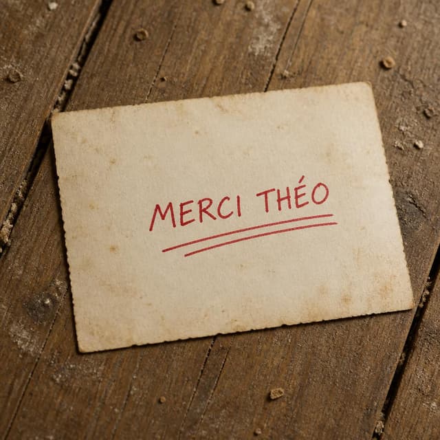 Charming ink and watercolor painting, clean lines, vibrant but soft color palette, storybook style. Close-up photo of the back of an old school photograph, slightly yellowed with age, lying flat on a dusty wooden attic floorboard. Visible text: "MERCI THÉO" written in thick red pen, capital letters, underlined twice. No other readable text
Chat attachment instruction: Generate exactly one in-world chat attachment, not a collage, split-screen, comic panel, flashback, or explanatory scene. If the prompt is a screenshot, phone screen, document, note, card, map, receipt, label, object photo, or photo someone took, frame that artifact directly. A name appearing in visible text or in 'photo taken by X' is not an instruction to draw that person. Do not show recurring story participants as visible people unless the prompt itself explicitly says they are visible. Keep unrequested people, faces, and bodies out of the image.