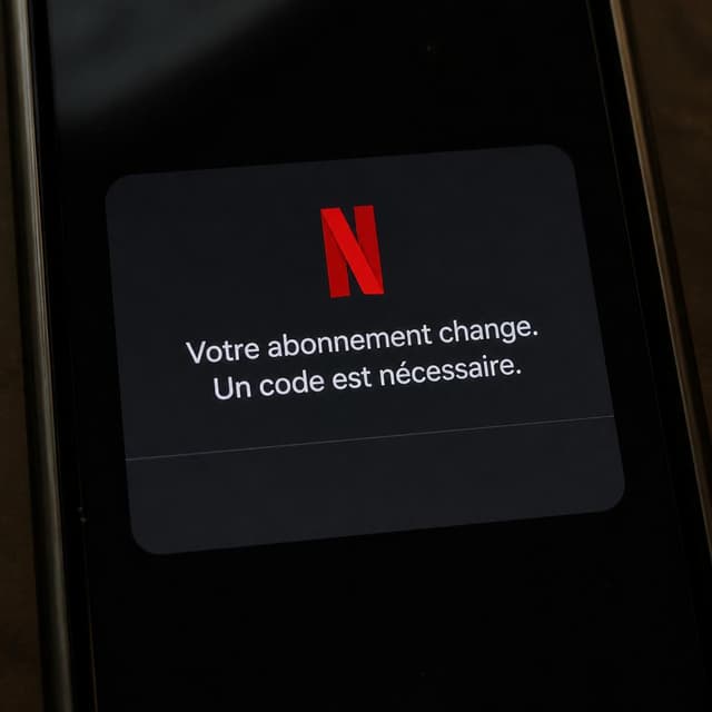 Charming ink and watercolor painting, clean lines, vibrant but soft color palette, storybook style. A close-up photo of a phone screen showing a Netflix notification popup on a dark background. Visible text: "Votre abonnement change. Un code est nécessaire." No other readable text
Chat attachment instruction: Generate exactly one in-world chat attachment, not a collage, split-screen, comic panel, flashback, or explanatory scene. If the prompt is a screenshot, phone screen, document, note, card, map, receipt, label, object photo, or photo someone took, frame that artifact directly. A name appearing in visible text or in 'photo taken by X' is not an instruction to draw that person. Do not show recurring story participants as visible people unless the prompt itself explicitly says they are visible. Keep unrequested people, faces, and bodies out of the image.