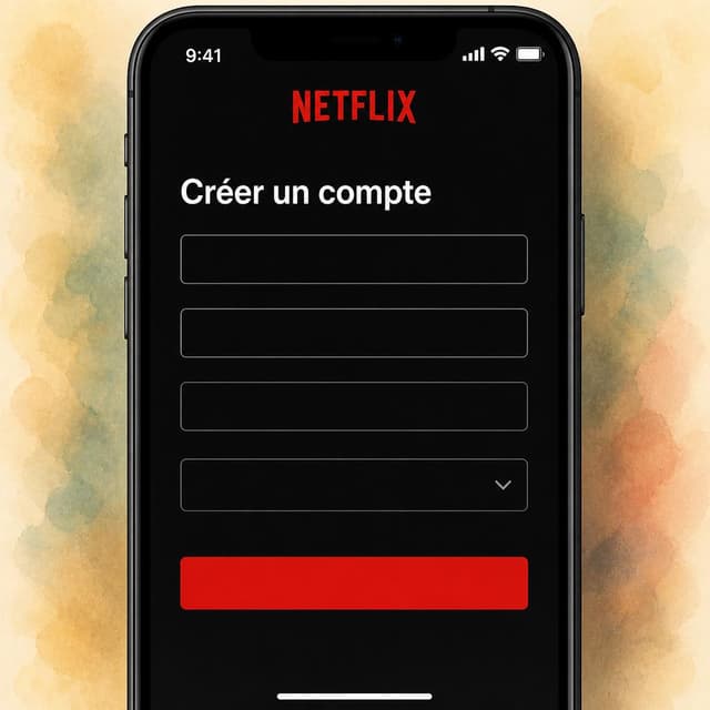 Charming ink and watercolor painting, clean lines, vibrant but soft color palette, storybook style. A phone screen screenshot of a Netflix account creation page, showing a blank form with empty fields and a red confirm button. Visible text: "Créer un compte" No other readable text
Chat attachment instruction: Generate exactly one in-world chat attachment, not a collage, split-screen, comic panel, flashback, or explanatory scene. If the prompt is a screenshot, phone screen, document, note, card, map, receipt, label, object photo, or photo someone took, frame that artifact directly. A name appearing in visible text or in 'photo taken by X' is not an instruction to draw that person. Do not show recurring story participants as visible people unless the prompt itself explicitly says they are visible. Keep unrequested people, faces, and bodies out of the image.