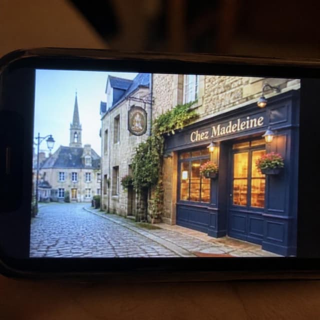 Charming ink and watercolor painting, clean lines, vibrant but soft color palette, storybook style. A smartphone screenshot of a regional news broadcast. The frame shows a cobblestone street in a small Breton town, with a warm-lit crêperie storefront visible. Visible text: "Chez Madeleine". No other readable text. The image is slightly blurry, captured hastily from a television screen
Chat attachment instruction: Generate exactly one in-world chat attachment, not a collage, split-screen, comic panel, flashback, or explanatory scene. If the prompt is a screenshot, phone screen, document, note, card, map, receipt, label, object photo, or photo someone took, frame that artifact directly. A name appearing in visible text or in 'photo taken by X' is not an instruction to draw that person. Do not show recurring story participants as visible people unless the prompt itself explicitly says they are visible. Keep unrequested people, faces, and bodies out of the image.