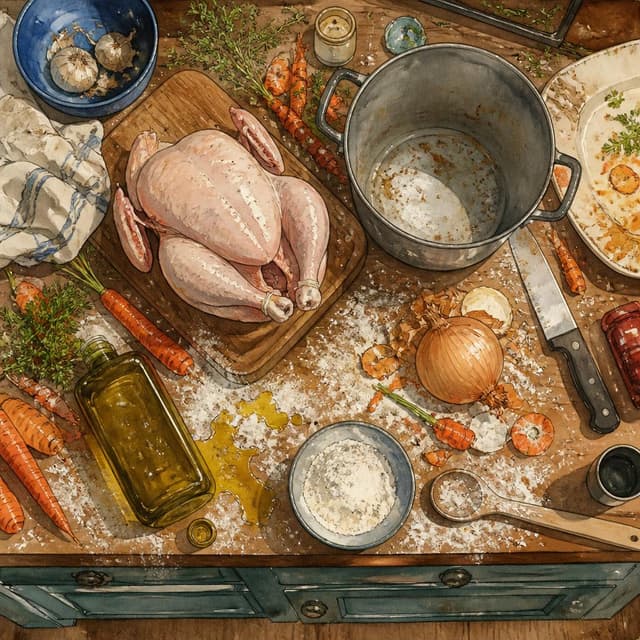 Charming ink and watercolor painting, clean lines, vibrant but soft color palette, storybook style. A photo of a small kitchen countertop seen from above, complete chaos: a raw whole chicken on a wooden board, a large pot, scattered vegetables including carrots and an onion, a spilled bottle of olive oil, and a flour-dusted surface. Everything looks messy and slightly out of control. No readable text on any surface
Chat attachment instruction: Generate exactly one in-world chat attachment, not a collage, split-screen, comic panel, flashback, or explanatory scene. If the prompt is a screenshot, phone screen, document, note, card, map, receipt, label, object photo, or photo someone took, frame that artifact directly. A name appearing in visible text or in 'photo taken by X' is not an instruction to draw that person. Do not show recurring story participants as visible people unless the prompt itself explicitly says they are visible. Keep unrequested people, faces, and bodies out of the image.