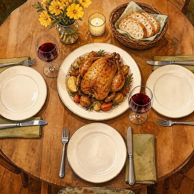Charming ink and watercolor painting, clean lines, vibrant but soft color palette, storybook style. A photo of a small dining table set for three, seen from the sender's point of view looking down. A roast chicken on a white plate at the center, two glasses of red wine, a small basket of bread, and a yellow flower in a simple glass vase. The table looks warm and inviting. No readable text on any surface
Chat attachment instruction: Generate exactly one in-world chat attachment, not a collage, split-screen, comic panel, flashback, or explanatory scene. If the prompt is a screenshot, phone screen, document, note, card, map, receipt, label, object photo, or photo someone took, frame that artifact directly. A name appearing in visible text or in 'photo taken by X' is not an instruction to draw that person. Do not show recurring story participants as visible people unless the prompt itself explicitly says they are visible. Keep unrequested people, faces, and bodies out of the image.