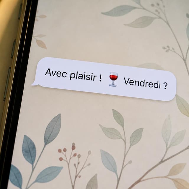Charming ink and watercolor painting, clean lines, vibrant but soft color palette, storybook style. A close-up photo of a phone screen showing a chat message bubble. Visible text: "Avec plaisir ! 🍷 Vendredi ?" No other readable text
Chat attachment instruction: Generate exactly one in-world chat attachment, not a collage, split-screen, comic panel, flashback, or explanatory scene. If the prompt is a screenshot, phone screen, document, note, card, map, receipt, label, object photo, or photo someone took, frame that artifact directly. A name appearing in visible text or in 'photo taken by X' is not an instruction to draw that person. Do not show recurring story participants as visible people unless the prompt itself explicitly says they are visible. Keep unrequested people, faces, and bodies out of the image.