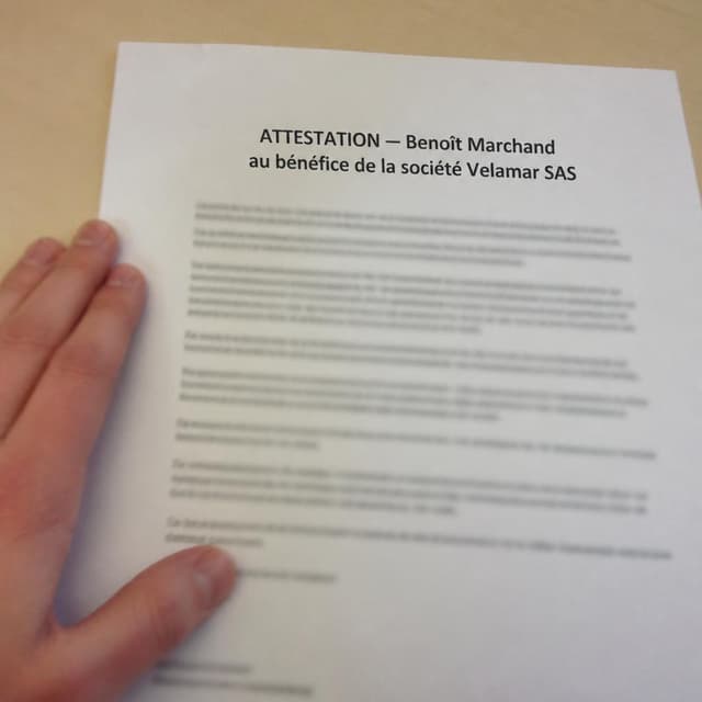 Charming ink and watercolor painting, clean lines, vibrant but soft color palette, storybook style. A blurry, hastily-taken smartphone photo of a printed document on a beige desk, partially visible. A formal attestation page on white paper with a bold header and dense paragraphs of text, one hand pressed flat at the edge as if holding it still for a half-second. Visible text: "ATTESTATION — Benoît Marchand" and below it "au bénéfice de la société Velamar SAS". No other readable text
Chat attachment instruction: Generate exactly one in-world chat attachment, not a collage, split-screen, comic panel, flashback, or explanatory scene. If the prompt is a screenshot, phone screen, document, note, card, map, receipt, label, object photo, or photo someone took, frame that artifact directly. A name appearing in visible text or in 'photo taken by X' is not an instruction to draw that person. Do not show recurring story participants as visible people unless the prompt itself explicitly says they are visible. Keep unrequested people, faces, and bodies out of the image.