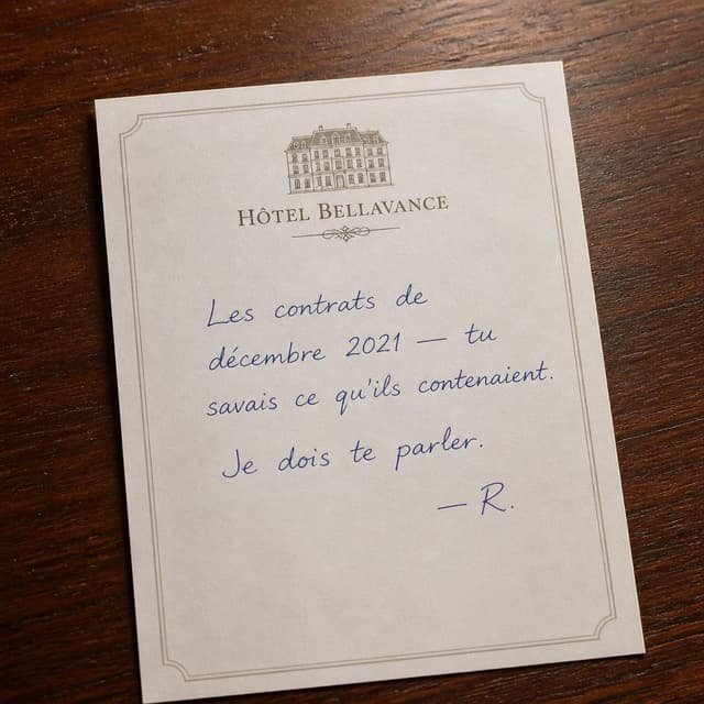 Charming ink and watercolor painting, clean lines, vibrant but soft color palette, storybook style. A photo of a small handwritten note on Hôtel Bellavance letterhead, placed on a dark wooden desk. The handwriting is neat, deliberate, in blue ink. Visible text: "Les contrats de décembre 2021 — tu savais ce qu'ils contenaient. Je dois te parler. — R.". No other readable text
Chat attachment instruction: Generate exactly one in-world chat attachment, not a collage, split-screen, comic panel, flashback, or explanatory scene. If the prompt is a screenshot, phone screen, document, note, card, map, receipt, label, object photo, or photo someone took, frame that artifact directly. A name appearing in visible text or in 'photo taken by X' is not an instruction to draw that person. Do not show recurring story participants as visible people unless the prompt itself explicitly says they are visible. Keep unrequested people, faces, and bodies out of the image.