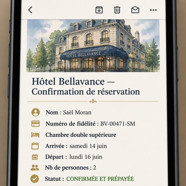 Charming ink and watercolor painting, clean lines, vibrant but soft color palette, storybook style. A close-up phone screenshot of a hotel booking confirmation email. Visible text: "Hôtel Bellavance — Confirmation de réservation / Nom : Saël Moran / Numéro de fidélité : BV-00471-SM / Chambre double supérieure / Arrivée : samedi 14 juin / Départ : lundi 16 juin / Nb de personnes : 2 / Statut : CONFIRMÉE ET PRÉPAYÉE". No other readable text
Chat attachment instruction: Generate exactly one in-world chat attachment, not a collage, split-screen, comic panel, flashback, or explanatory scene. If the prompt is a screenshot, phone screen, document, note, card, map, receipt, label, object photo, or photo someone took, frame that artifact directly. A name appearing in visible text or in 'photo taken by X' is not an instruction to draw that person. Do not show recurring story participants as visible people unless the prompt itself explicitly says they are visible. Keep unrequested people, faces, and bodies out of the image.