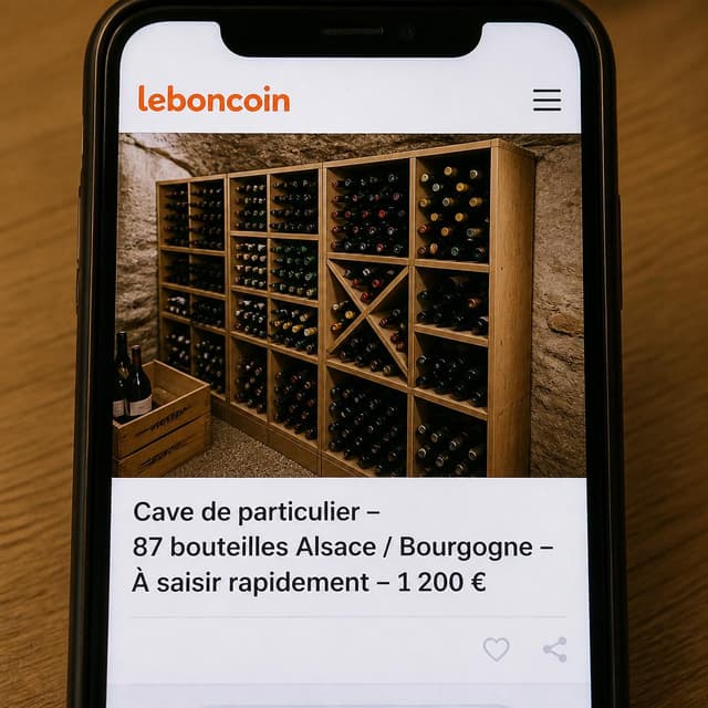 Charming ink and watercolor painting, clean lines, vibrant but soft color palette, storybook style. A phone screen screenshot of a French classified ad website (Leboncoin style). Visible text: "Cave de particulier – 87 bouteilles Alsace / Bourgogne – À saisir rapidement – 1 200 €". No other readable text
Chat attachment instruction: Generate exactly one in-world chat attachment, not a collage, split-screen, comic panel, flashback, or explanatory scene. If the prompt is a screenshot, phone screen, document, note, card, map, receipt, label, object photo, or photo someone took, frame that artifact directly. A name appearing in visible text or in 'photo taken by X' is not an instruction to draw that person. Do not show recurring story participants as visible people unless the prompt itself explicitly says they are visible. Keep unrequested people, faces, and bodies out of the image.