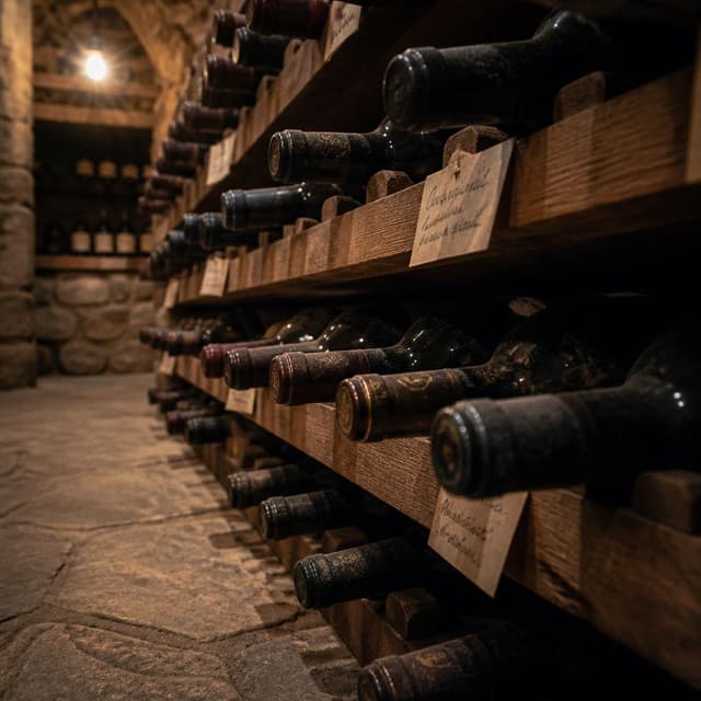Charming ink and watercolor painting, clean lines, vibrant but soft color palette, storybook style. A photo taken by someone crouching in a stone wine cellar, looking along a low wooden rack stretching into the dim distance. Dozens of dusty wine bottles lie in their slots, their dark glass necks catching a single warm overhead bulb. Small handwritten paper tags are tucked beside several bottles, the writing illegible but clearly personal. The floor is bare stone, the air looks cool and still. The perspective is intimate and slightly reverent, like someone checking that everything they love is still where they left it
Chat attachment instruction: Generate exactly one in-world chat attachment, not a collage, split-screen, comic panel, flashback, or explanatory scene. If the prompt is a screenshot, phone screen, document, note, card, map, receipt, label, object photo, or photo someone took, frame that artifact directly. A name appearing in visible text or in 'photo taken by X' is not an instruction to draw that person. Do not show recurring story participants as visible people unless the prompt itself explicitly says they are visible. Keep unrequested people, faces, and bodies out of the image.