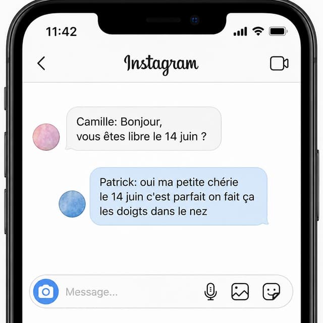 Charming ink and watercolor painting, clean lines, vibrant but soft color palette, storybook style. A screenshot of an Instagram DM conversation on a phone screen. Visible text: "Camille: Bonjour, vous êtes libre le 14 juin ?" and below "Patrick: oui ma petite chérie le 14 juin c'est parfait on fait ça les doigts dans le nez". No other readable text
Chat attachment instruction: Generate exactly one in-world chat attachment, not a collage, split-screen, comic panel, flashback, or explanatory scene. If the prompt is a screenshot, phone screen, document, note, card, map, receipt, label, object photo, or photo someone took, frame that artifact directly. A name appearing in visible text or in 'photo taken by X' is not an instruction to draw that person. Do not show recurring story participants as visible people unless the prompt itself explicitly says they are visible. Keep unrequested people, faces, and bodies out of the image.