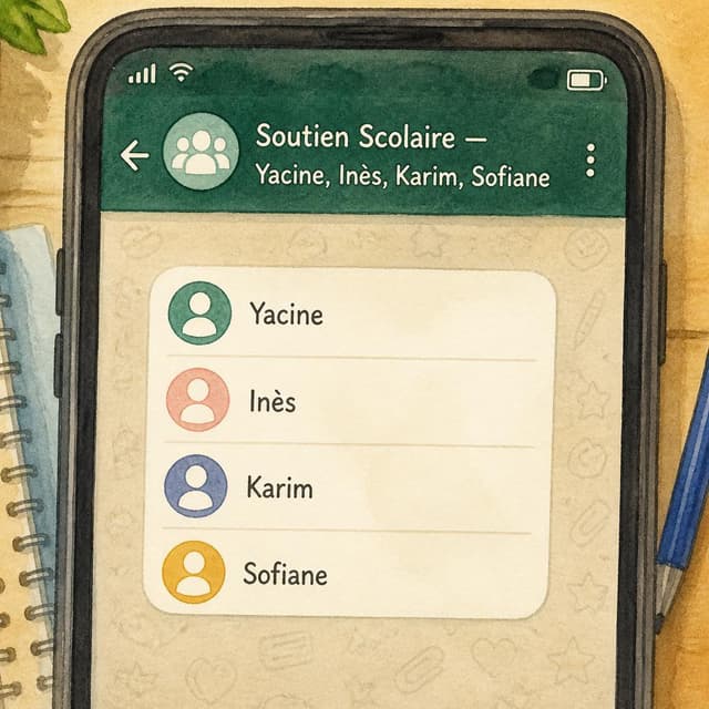 Charming ink and watercolor painting, storybook style. A phone screenshot of a chat showing a small member list with a heading. Visible text: "Soutien Scolaire — Yacine, Inès, Karim, Sofiane". No other readable text
Chat attachment instruction: Generate exactly one in-world chat attachment, not a collage, split-screen, comic panel, flashback, or explanatory scene. If the prompt is a screenshot, phone screen, document, note, card, map, receipt, label, object photo, or photo someone took, frame that artifact directly. A name appearing in visible text or in 'photo taken by X' is not an instruction to draw that person. Do not show recurring story participants as visible people unless the prompt itself explicitly says they are visible. Keep unrequested people, faces, and bodies out of the image.