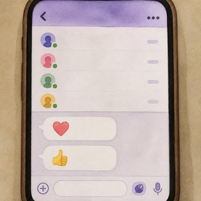 Charming ink and watercolor painting, storybook style. A phone screenshot of two short chat replies under the member list, shown as plain message bubbles with simple emoji. No readable text
Chat attachment instruction: Generate exactly one in-world chat attachment, not a collage, split-screen, comic panel, flashback, or explanatory scene. If the prompt is a screenshot, phone screen, document, note, card, map, receipt, label, object photo, or photo someone took, frame that artifact directly. A name appearing in visible text or in 'photo taken by X' is not an instruction to draw that person. Do not show recurring story participants as visible people unless the prompt itself explicitly says they are visible. Keep unrequested people, faces, and bodies out of the image.