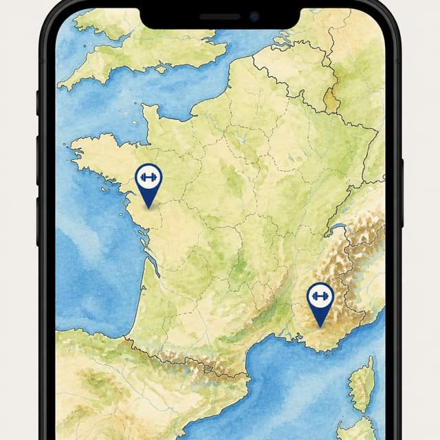 Charming ink and watercolor painting, clean lines, vibrant but soft color palette, storybook style. A screenshot of a map on a phone. Two location pins are visible, one in the west of France and one in the southeast, both with a small gym icon. No readable text labels. No other readable text
Chat attachment instruction: Generate exactly one in-world chat attachment, not a collage, split-screen, comic panel, flashback, or explanatory scene. If the prompt is a screenshot, phone screen, document, note, card, map, receipt, label, object photo, or photo someone took, frame that artifact directly. A name appearing in visible text or in 'photo taken by X' is not an instruction to draw that person. Do not show recurring story participants as visible people unless the prompt itself explicitly says they are visible. Keep unrequested people, faces, and bodies out of the image.