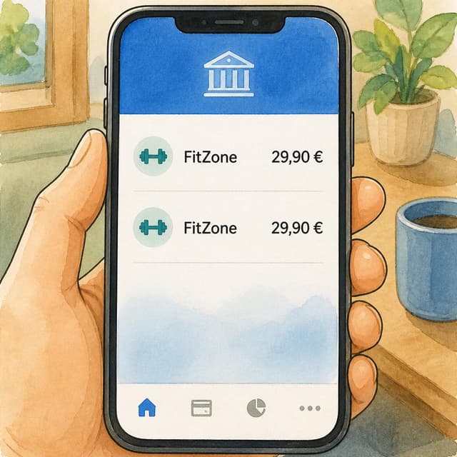 Charming ink and watercolor painting, clean lines, vibrant but soft color palette, storybook style. A first-person perspective of a smartphone screen showing a banking app. Visible text: "FitZone 29,90 €" and "FitZone 29,90 €". No other readable text
Chat attachment instruction: Generate exactly one in-world chat attachment, not a collage, split-screen, comic panel, flashback, or explanatory scene. If the prompt is a screenshot, phone screen, document, note, card, map, receipt, label, object photo, or photo someone took, frame that artifact directly. A name appearing in visible text or in 'photo taken by X' is not an instruction to draw that person. Do not show recurring story participants as visible people unless the prompt itself explicitly says they are visible. Keep unrequested people, faces, and bodies out of the image.