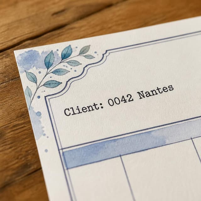 Charming ink and watercolor painting, clean lines, vibrant but soft color palette, storybook style. A close-up photo of a paper invoice corner. Visible text: "Client: 0042 Nantes". No other readable text
Chat attachment instruction: Generate exactly one in-world chat attachment, not a collage, split-screen, comic panel, flashback, or explanatory scene. If the prompt is a screenshot, phone screen, document, note, card, map, receipt, label, object photo, or photo someone took, frame that artifact directly. A name appearing in visible text or in 'photo taken by X' is not an instruction to draw that person. Do not show recurring story participants as visible people unless the prompt itself explicitly says they are visible. Keep unrequested people, faces, and bodies out of the image.