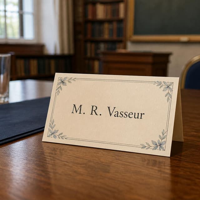 Charming ink and watercolor painting, storybook style. A discreetly snapped phone photo from the perspective of someone standing near a table. On the table, a name card stands upright. Visible text: "M. R. Vasseur". No other readable text. The background is a blurred academic room
Chat attachment instruction: Generate exactly one in-world chat attachment, not a collage, split-screen, comic panel, flashback, or explanatory scene. If the prompt is a screenshot, phone screen, document, note, card, map, receipt, label, object photo, or photo someone took, frame that artifact directly. A name appearing in visible text or in 'photo taken by X' is not an instruction to draw that person. Do not show recurring story participants as visible people unless the prompt itself explicitly says they are visible. Keep unrequested people, faces, and bodies out of the image.