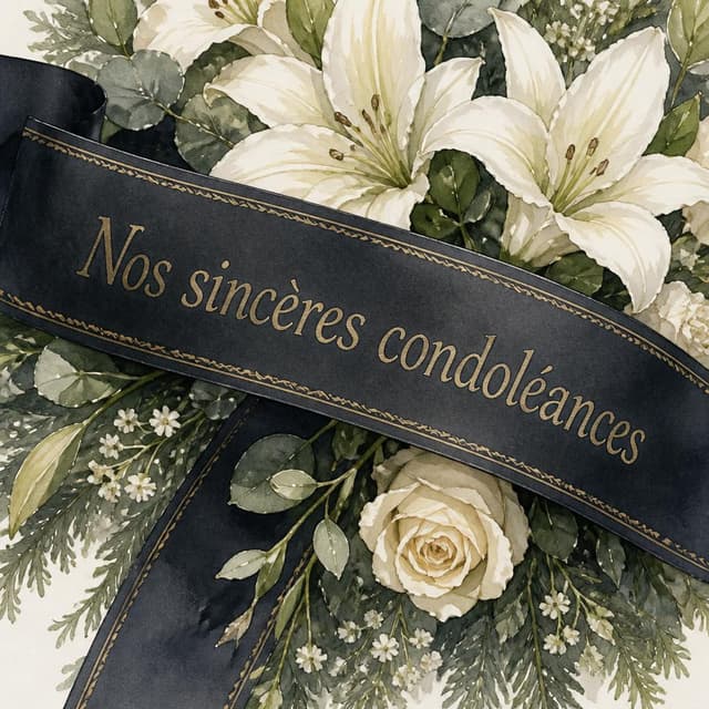 Charming ink and watercolor painting, clean lines, vibrant but soft color palette, storybook style. Close-up photo of a dark ribbon on a funeral wreath. Visible text: "Nos sincères condoléances". No other readable text
Chat attachment instruction: Generate exactly one in-world chat attachment, not a collage, split-screen, comic panel, flashback, or explanatory scene. If the prompt is a screenshot, phone screen, document, note, card, map, receipt, label, object photo, or photo someone took, frame that artifact directly. A name appearing in visible text or in 'photo taken by X' is not an instruction to draw that person. Do not show recurring story participants as visible people unless the prompt itself explicitly says they are visible. Keep unrequested people, faces, and bodies out of the image.