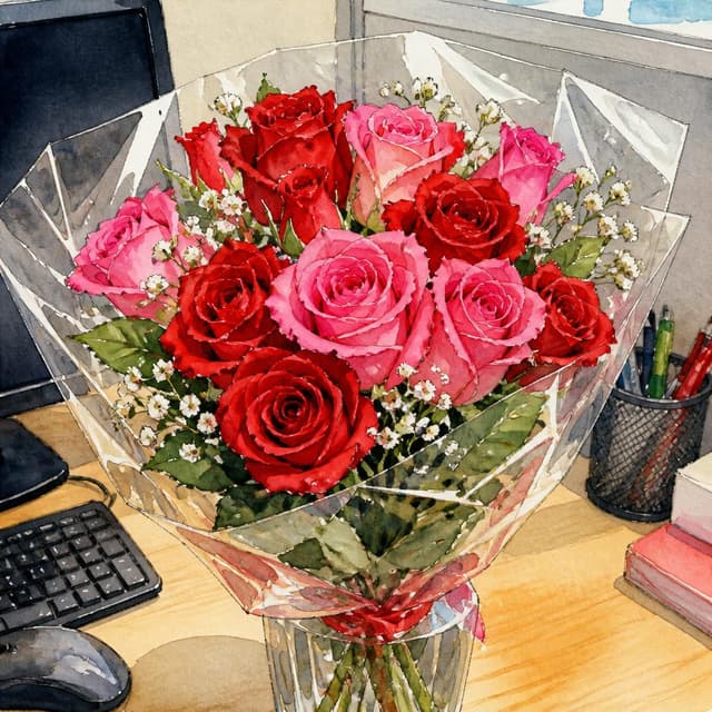 Charming ink and watercolor painting, clean lines, vibrant but soft color palette, storybook style. A photo from a phone perspective showing a bright bouquet of red and pink roses in clear wrapping, sitting on an office desk. No readable text
Chat attachment instruction: Generate exactly one in-world chat attachment, not a collage, split-screen, comic panel, flashback, or explanatory scene. If the prompt is a screenshot, phone screen, document, note, card, map, receipt, label, object photo, or photo someone took, frame that artifact directly. A name appearing in visible text or in 'photo taken by X' is not an instruction to draw that person. Do not show recurring story participants as visible people unless the prompt itself explicitly says they are visible. Keep unrequested people, faces, and bodies out of the image.