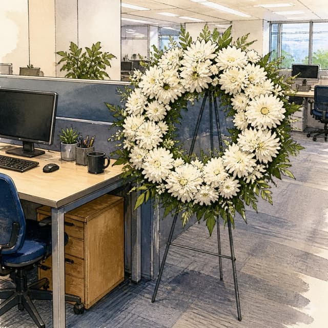 Charming ink and watercolor painting, clean lines, vibrant but soft color palette, storybook style. A photo from a phone perspective showing a large white funeral wreath of chrysanthemums on a metal stand, standing beside a desk in an open-plan office. No readable text
Chat attachment instruction: Generate exactly one in-world chat attachment, not a collage, split-screen, comic panel, flashback, or explanatory scene. If the prompt is a screenshot, phone screen, document, note, card, map, receipt, label, object photo, or photo someone took, frame that artifact directly. A name appearing in visible text or in 'photo taken by X' is not an instruction to draw that person. Do not show recurring story participants as visible people unless the prompt itself explicitly says they are visible. Keep unrequested people, faces, and bodies out of the image.
