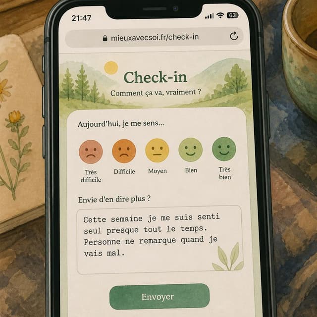 Charming ink and watercolor painting, storybook style. A first-person perspective screenshot of a mood check-in web form on a smartphone screen. Visible text in French: "Cette semaine je me suis senti seul presque tout le temps. Personne ne remarque quand je vais mal."
Chat attachment instruction: Generate exactly one in-world chat attachment, not a collage, split-screen, comic panel, flashback, or explanatory scene. If the prompt is a screenshot, phone screen, document, note, card, map, receipt, label, object photo, or photo someone took, frame that artifact directly. A name appearing in visible text or in 'photo taken by X' is not an instruction to draw that person. Do not show recurring story participants as visible people unless the prompt itself explicitly says they are visible. Keep unrequested people, faces, and bodies out of the image.