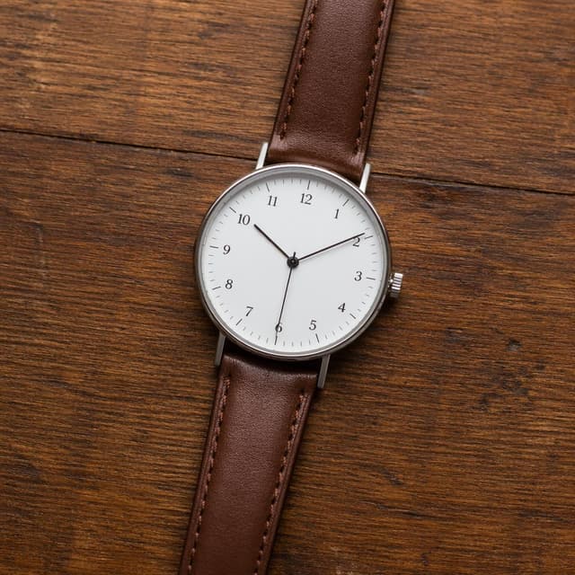 A round analog wristwatch with a plain white face and a brown leather strap, lying flat on a wooden table
Chat attachment instruction: Generate exactly one in-world chat attachment, not a collage, split-screen, comic panel, flashback, or explanatory scene. If the prompt is a screenshot, phone screen, document, note, card, map, receipt, label, object photo, or photo someone took, frame that artifact directly. A name appearing in visible text or in 'photo taken by X' is not an instruction to draw that person. Do not show recurring story participants as visible people unless the prompt itself explicitly says they are visible. Keep unrequested people, faces, and bodies out of the image.