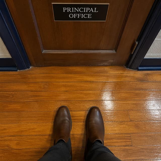 A first-person view looking down at a pair of leather Chelsea boots standing on the polished wooden floor of a school hallway, right in front of a closed office door
Chat attachment instruction: Generate exactly one in-world chat attachment, not a collage, split-screen, comic panel, flashback, or explanatory scene. If the prompt is a screenshot, phone screen, document, note, card, map, receipt, label, object photo, or photo someone took, frame that artifact directly. A name appearing in visible text or in 'photo taken by X' is not an instruction to draw that person. Do not show recurring story participants as visible people unless the prompt itself explicitly says they are visible. Keep unrequested people, faces, and bodies out of the image.