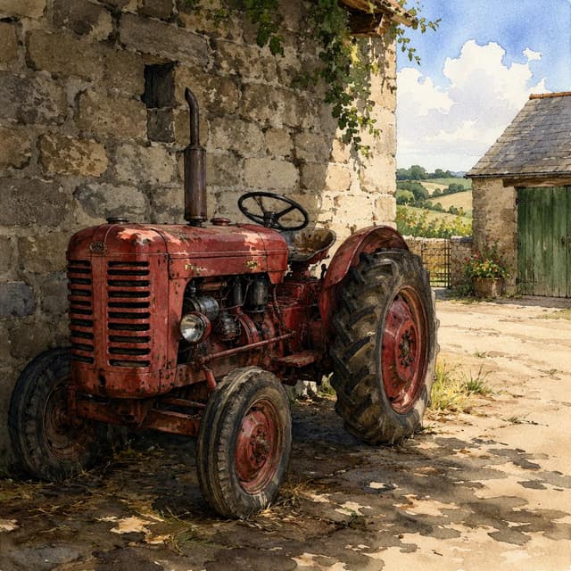 Charming ink and watercolor painting, clean lines, vibrant but soft color palette, storybook style. A weathered red tractor parked in a quiet farmyard, partially in the shadow of a stone barn wall
Chat attachment instruction: Generate exactly one in-world chat attachment, not a collage, split-screen, comic panel, flashback, or explanatory scene. If the prompt is a screenshot, phone screen, document, note, card, map, receipt, label, object photo, or photo someone took, frame that artifact directly. A name appearing in visible text or in 'photo taken by X' is not an instruction to draw that person. Do not show recurring story participants as visible people unless the prompt itself explicitly says they are visible. Keep unrequested people, faces, and bodies out of the image.